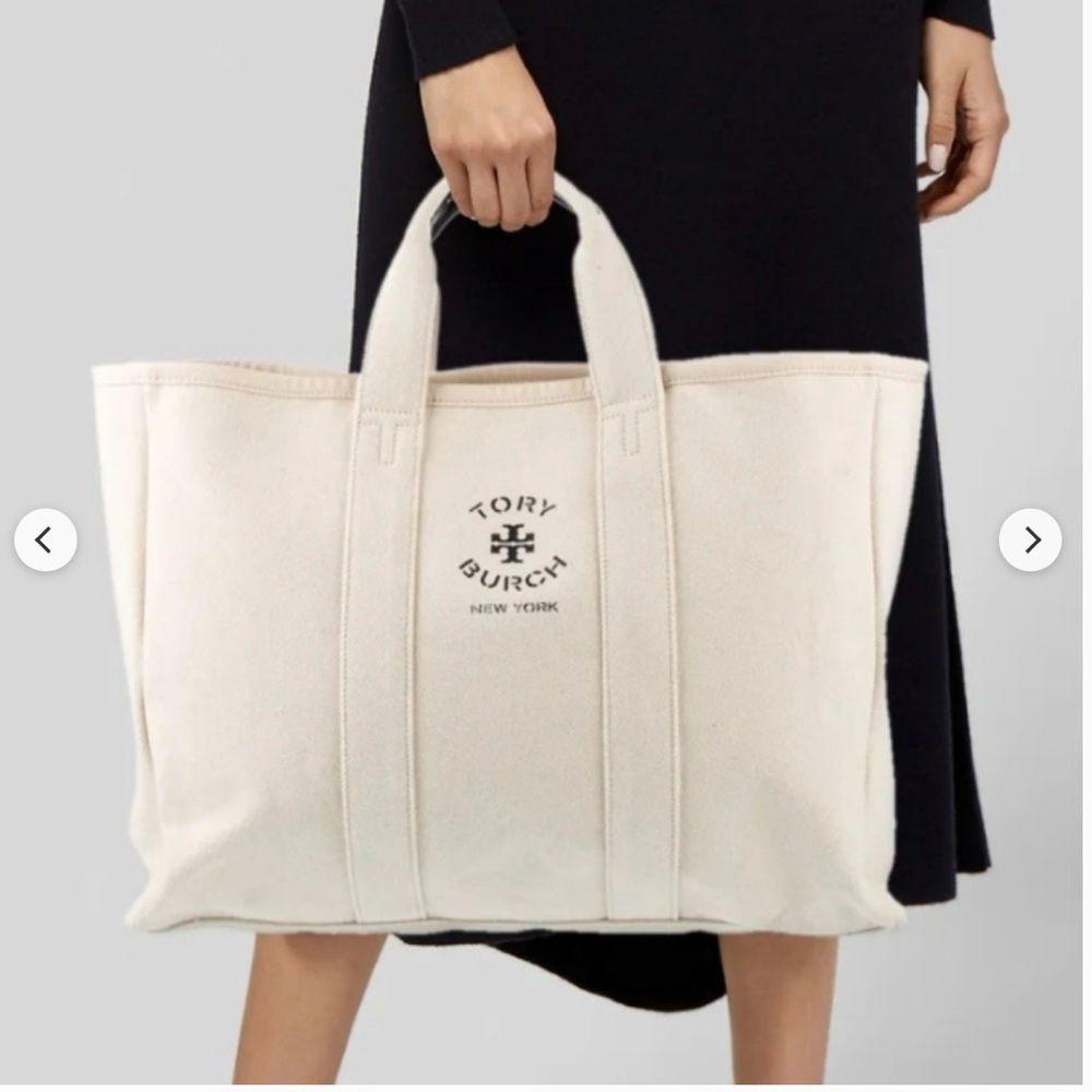 NWT Tory Burch Beige Large Canvas Tote with Logo